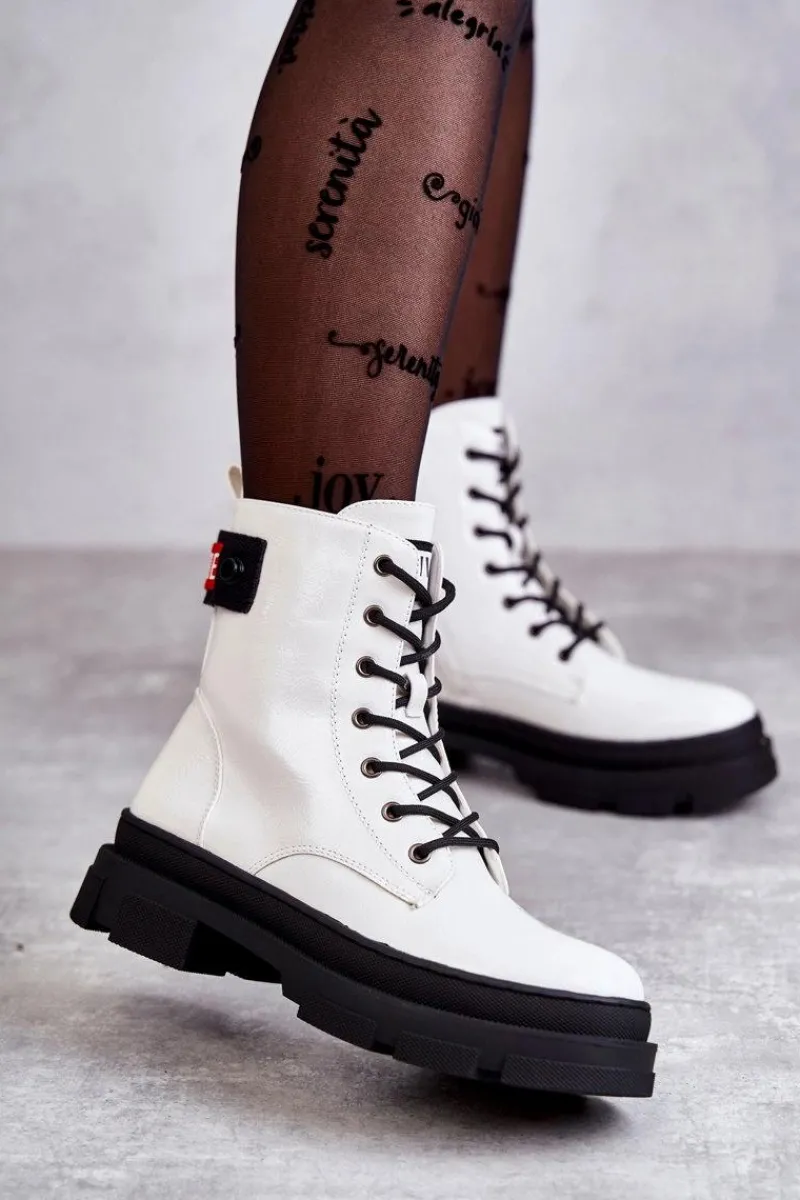 Hot Damskie Lakierowane Botki Workery Sznurowane Białe Conny Damskie Botki Sznurowane|Botki Zimowe Damskie