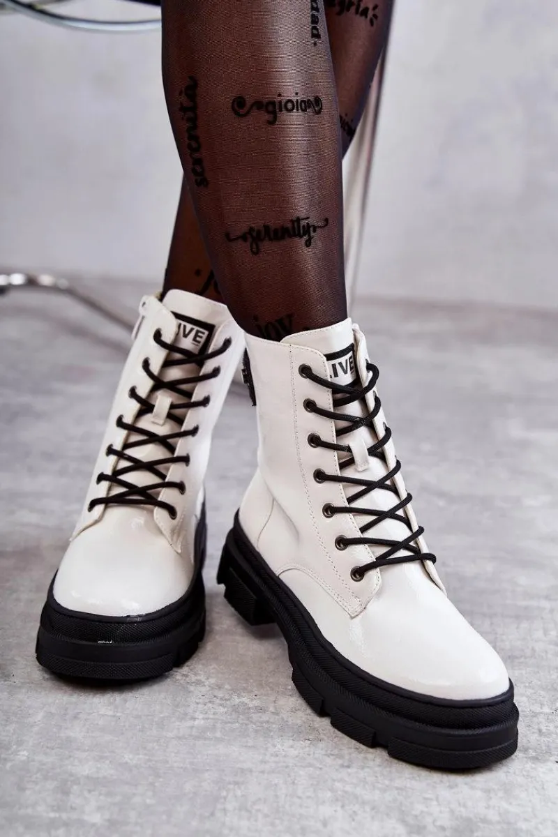 Hot Damskie Lakierowane Botki Workery Sznurowane Białe Conny Damskie Botki Sznurowane|Botki Zimowe Damskie