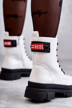 Hot Damskie Lakierowane Botki Workery Sznurowane Białe Conny Damskie Botki Sznurowane|Botki Zimowe Damskie