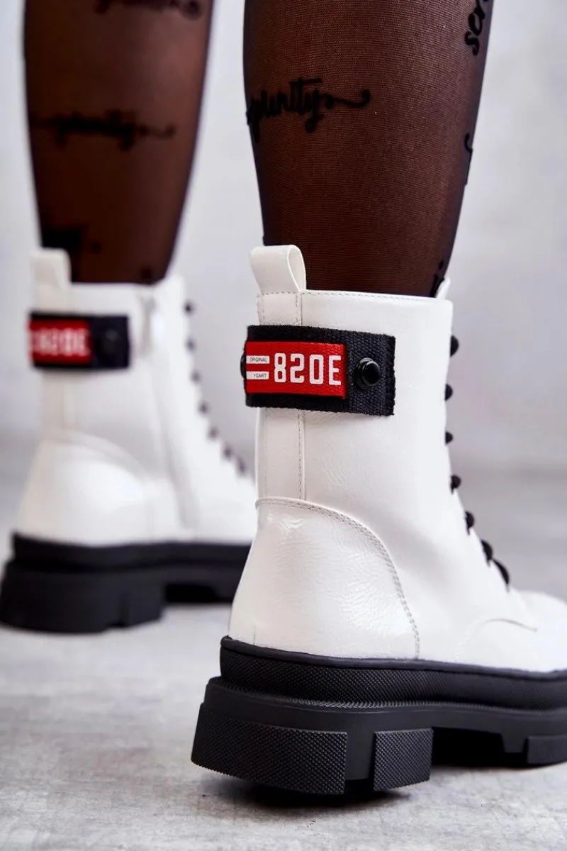 Hot Damskie Lakierowane Botki Workery Sznurowane Białe Conny Damskie Botki Sznurowane|Botki Zimowe Damskie