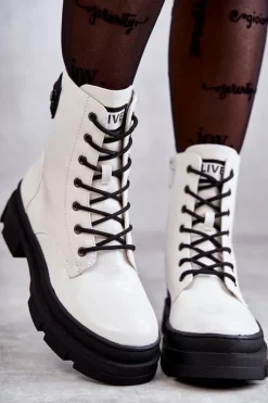 Hot Damskie Lakierowane Botki Workery Sznurowane Białe Conny Damskie Botki Sznurowane|Botki Zimowe Damskie