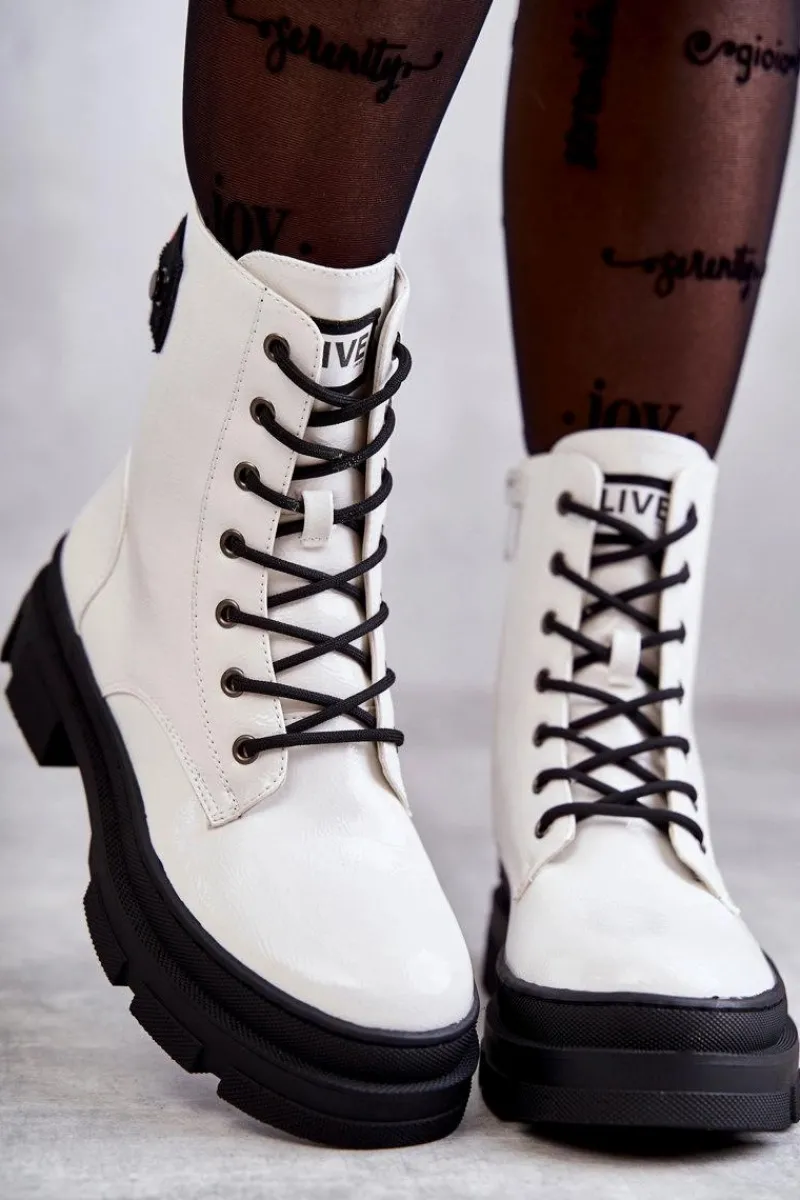 Hot Damskie Lakierowane Botki Workery Sznurowane Białe Conny Damskie Botki Sznurowane|Botki Zimowe Damskie