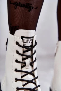 Hot Damskie Lakierowane Botki Workery Sznurowane Białe Conny Damskie Botki Sznurowane|Botki Zimowe Damskie