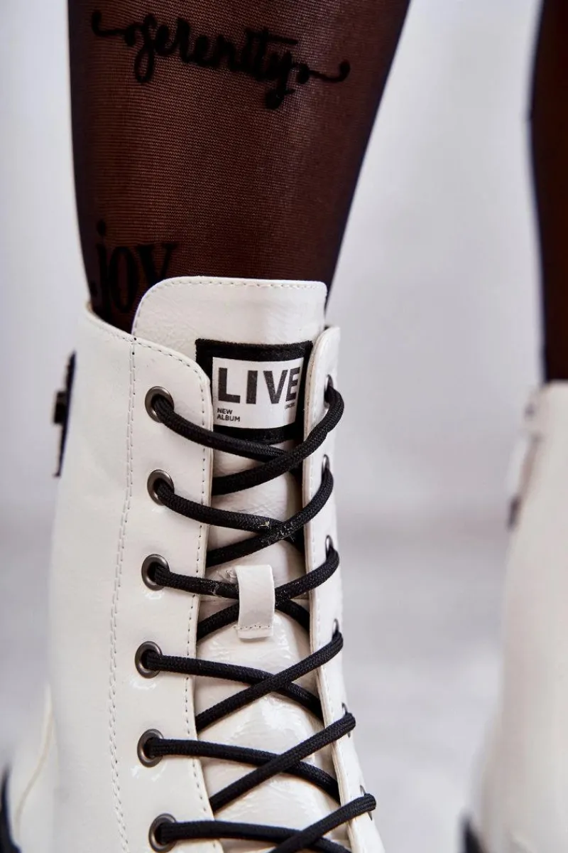 Hot Damskie Lakierowane Botki Workery Sznurowane Białe Conny Damskie Botki Sznurowane|Botki Zimowe Damskie