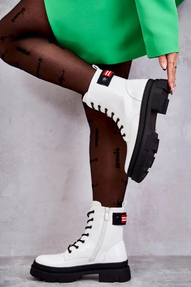 Hot Damskie Lakierowane Botki Workery Sznurowane Białe Conny Damskie Botki Sznurowane|Botki Zimowe Damskie