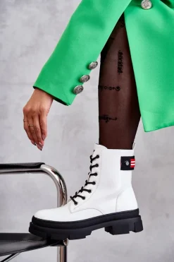 Hot Damskie Lakierowane Botki Workery Sznurowane Białe Conny Damskie Botki Sznurowane|Botki Zimowe Damskie