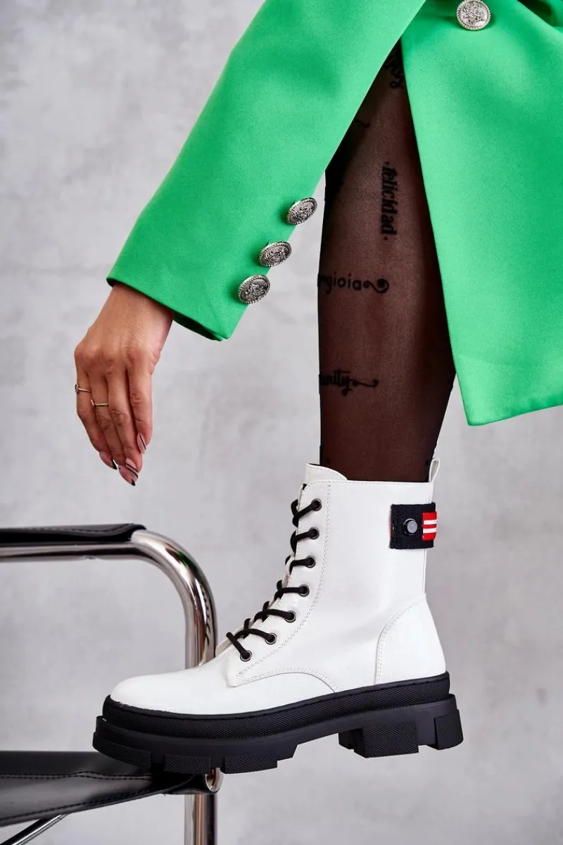 Hot Damskie Lakierowane Botki Workery Sznurowane Białe Conny Damskie Botki Sznurowane|Botki Zimowe Damskie