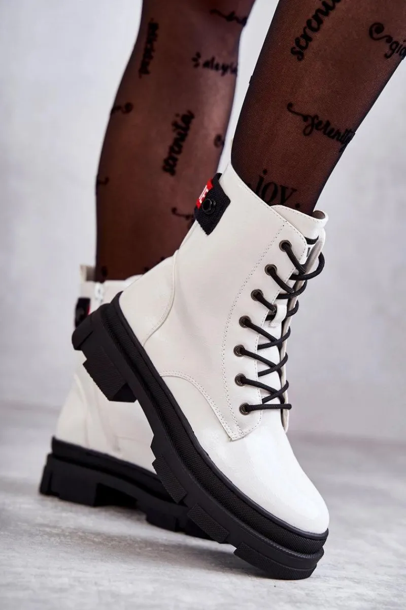 Hot Damskie Lakierowane Botki Workery Sznurowane Białe Conny Damskie Botki Sznurowane|Botki Zimowe Damskie