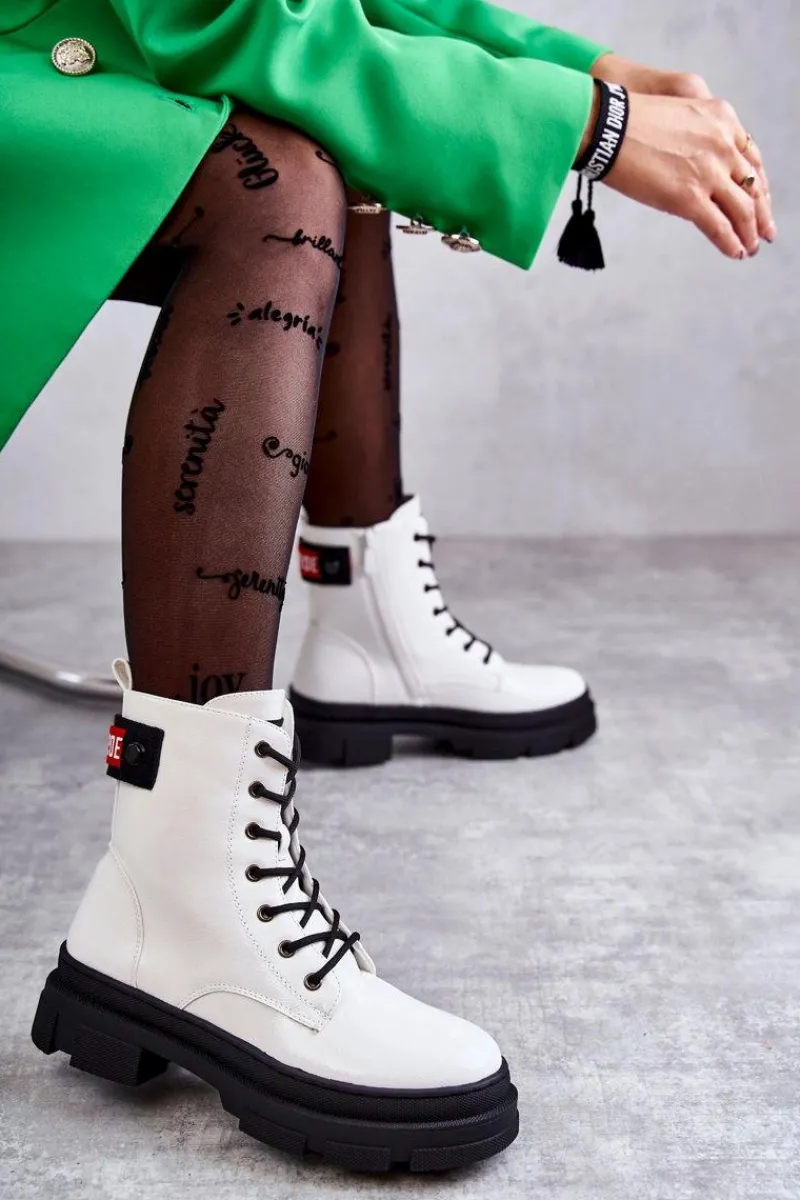 Hot Damskie Lakierowane Botki Workery Sznurowane Białe Conny Damskie Botki Sznurowane|Botki Zimowe Damskie