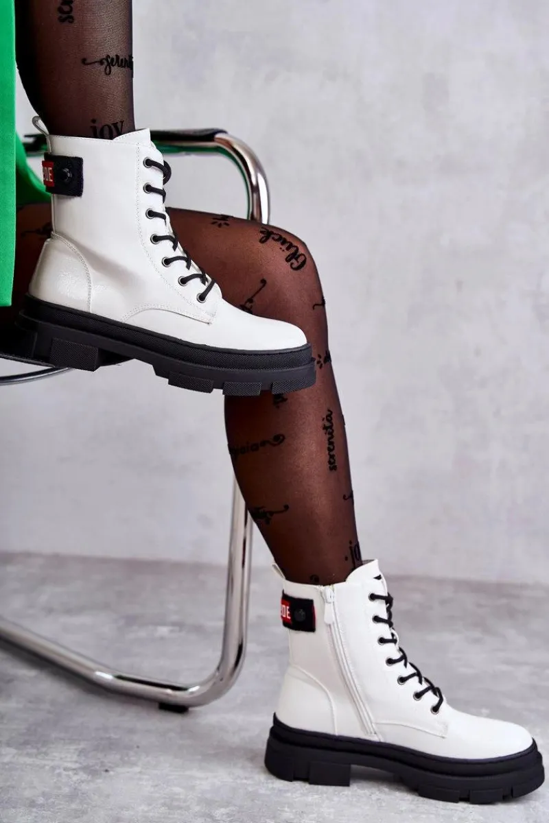 Hot Damskie Lakierowane Botki Workery Sznurowane Białe Conny Damskie Botki Sznurowane|Botki Zimowe Damskie