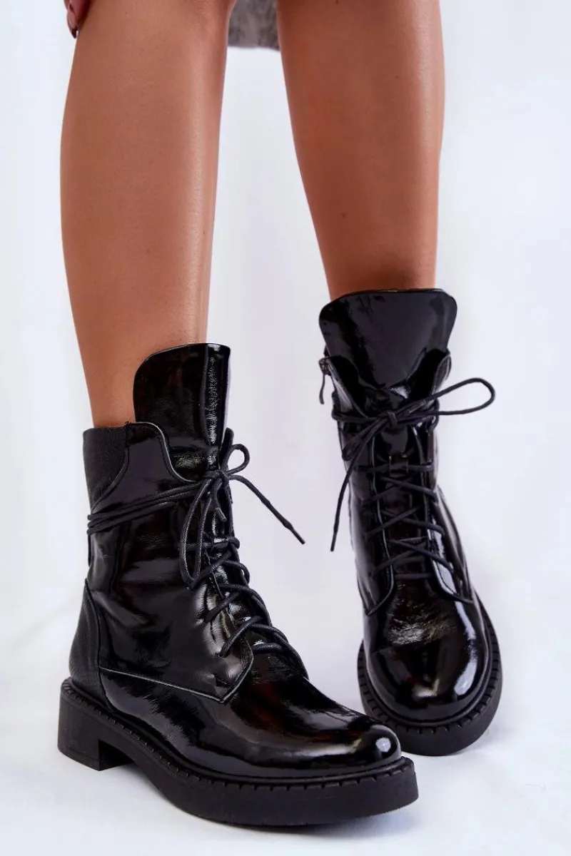 New Damskie Lakierowane Botki Sznurowane Czarne Laverda Damskie Botki Skórzane|Botki Sznurowane