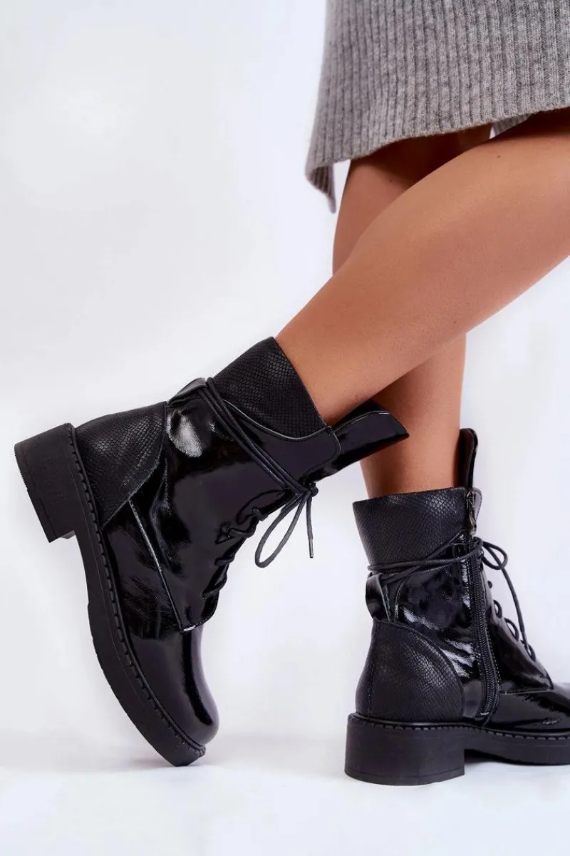 New Damskie Lakierowane Botki Sznurowane Czarne Laverda Damskie Botki Skórzane|Botki Sznurowane