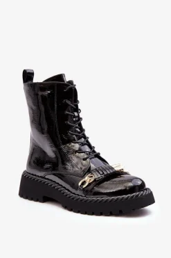 Best Damskie buty S.Barski Damskie Lakierowane Botki Workery Z Ozdobą Czarne S.Barski MR870-67