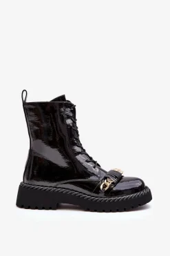 Best Damskie buty S.Barski Damskie Lakierowane Botki Workery Z Ozdobą Czarne S.Barski MR870-67