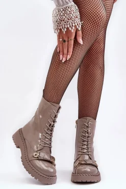 Online Damskie buty S.Barski Damskie Lakierowane Botki Workery Z Ozdobą Beżowe S.Barski MR870-67 Beżowy