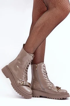 Online Damskie buty S.Barski Damskie Lakierowane Botki Workery Z Ozdobą Beżowe S.Barski MR870-67 Beżowy