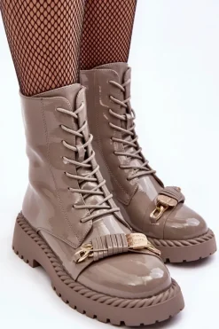 Online Damskie buty S.Barski Damskie Lakierowane Botki Workery Z Ozdobą Beżowe S.Barski MR870-67 Beżowy