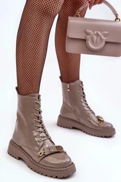 Online Damskie buty S.Barski Damskie Lakierowane Botki Workery Z Ozdobą Beżowe S.Barski MR870-67 Beżowy