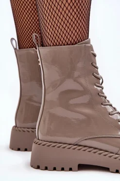 Online Damskie buty S.Barski Damskie Lakierowane Botki Workery Z Ozdobą Beżowe S.Barski MR870-67 Beżowy