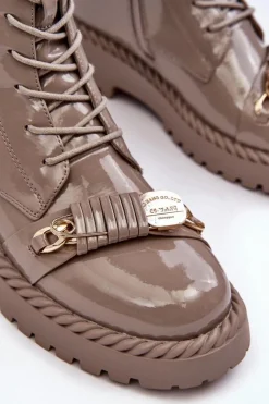 Online Damskie buty S.Barski Damskie Lakierowane Botki Workery Z Ozdobą Beżowe S.Barski MR870-67 Beżowy