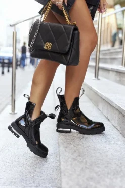 Best Boto Damskie Lakierowane Botki Z Wycięciami Czarne Melbourne