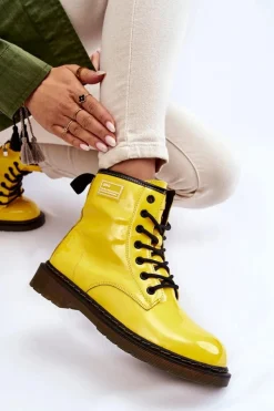 Botki Sznurowane|Botki Płaskie>GOE Damskie Lakierowane Botki Ocieplane II2N4054 Żółte