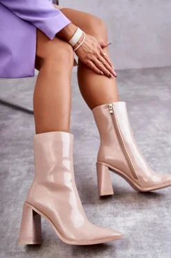 Outlet Damskie Lakierowane Botki Kozaki Beżowe Margit Damskie Kozaki Przed Kolano|Kozaki Na Obcasie