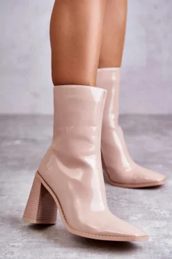 Outlet Damskie Lakierowane Botki Kozaki Beżowe Margit Damskie Kozaki Przed Kolano|Kozaki Na Obcasie