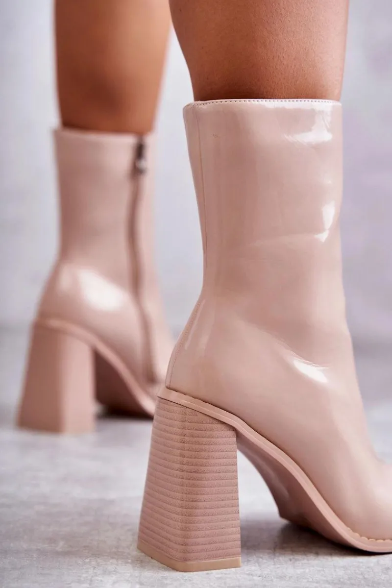 Outlet Damskie Lakierowane Botki Kozaki Beżowe Margit Damskie Kozaki Przed Kolano|Kozaki Na Obcasie