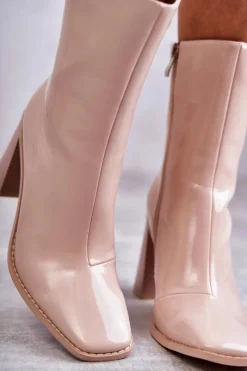 Outlet Damskie Lakierowane Botki Kozaki Beżowe Margit Damskie Kozaki Przed Kolano|Kozaki Na Obcasie