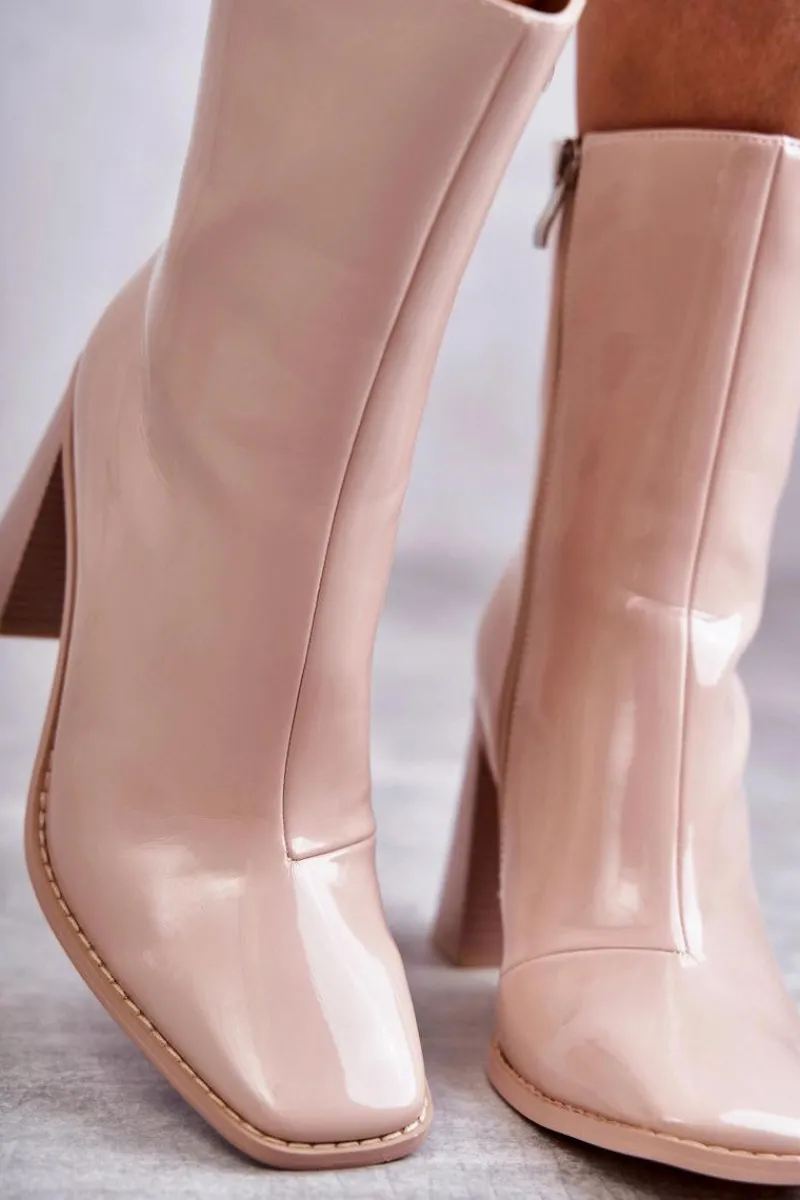 Outlet Damskie Lakierowane Botki Kozaki Beżowe Margit Damskie Kozaki Przed Kolano|Kozaki Na Obcasie