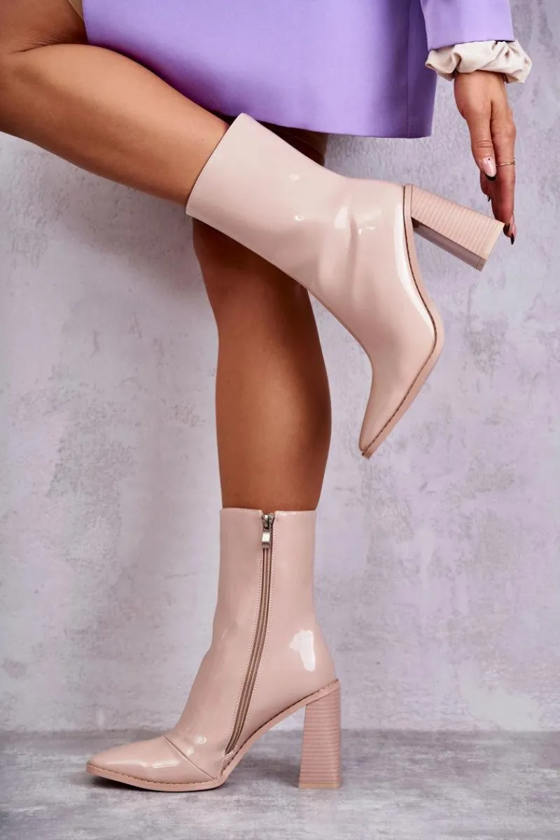 Outlet Damskie Lakierowane Botki Kozaki Beżowe Margit Damskie Kozaki Przed Kolano|Kozaki Na Obcasie