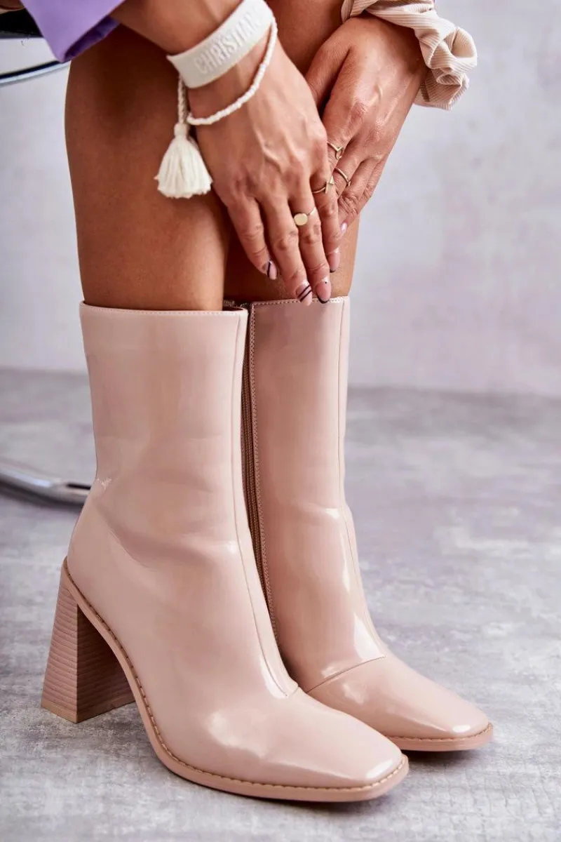 Outlet Damskie Lakierowane Botki Kozaki Beżowe Margit Damskie Kozaki Przed Kolano|Kozaki Na Obcasie