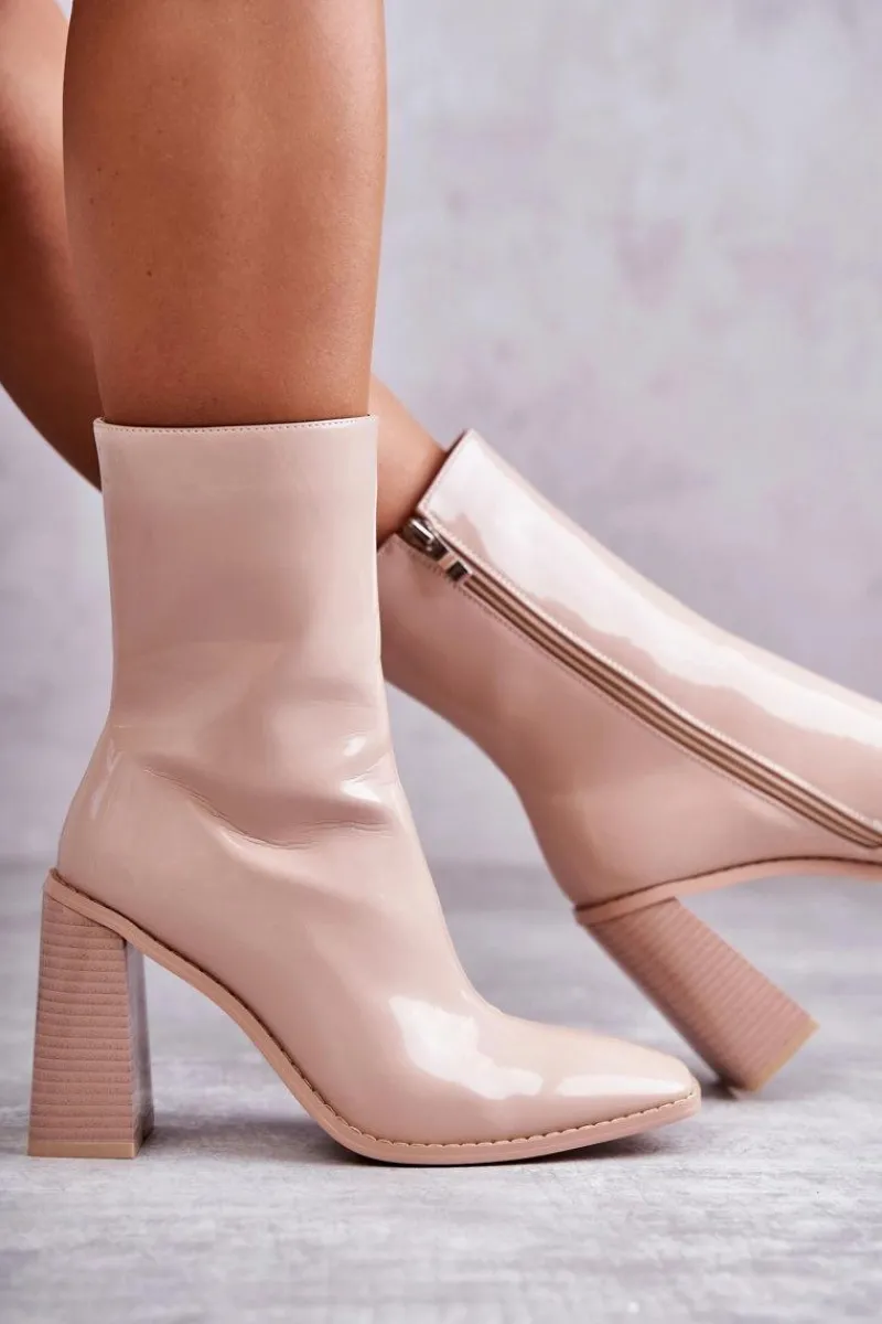 Outlet Damskie Lakierowane Botki Kozaki Beżowe Margit Damskie Kozaki Przed Kolano|Kozaki Na Obcasie