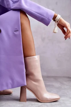 Outlet Damskie Lakierowane Botki Kozaki Beżowe Margit Damskie Kozaki Przed Kolano|Kozaki Na Obcasie