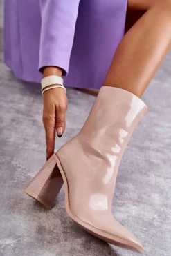 Outlet Damskie Lakierowane Botki Kozaki Beżowe Margit Damskie Kozaki Przed Kolano|Kozaki Na Obcasie