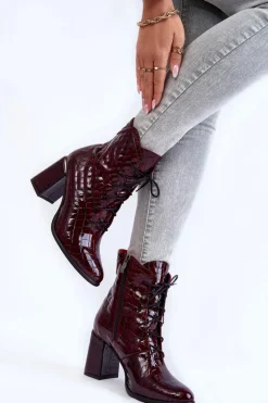Boto Damskie Lakierowane Botki Na Obcasie Krokodyli Wzór Bordowe Alva