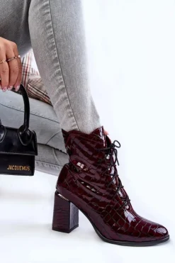 Boto Damskie Lakierowane Botki Na Obcasie Krokodyli Wzór Bordowe Alva