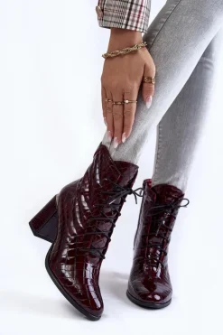 Boto Damskie Lakierowane Botki Na Obcasie Krokodyli Wzór Bordowe Alva