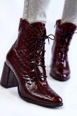 Boto Damskie Lakierowane Botki Na Obcasie Krokodyli Wzór Bordowe Alva