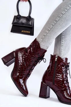 Boto Damskie Lakierowane Botki Na Obcasie Krokodyli Wzór Bordowe Alva