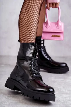 Botki Sznurowane|Czarne Botki>Evento Damskie Lakierowane Botki Workery Z Ozdobami Czarne Gesine