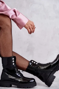 Botki Sznurowane|Czarne Botki>Evento Damskie Lakierowane Botki Workery Z Ozdobami Czarne Gesine