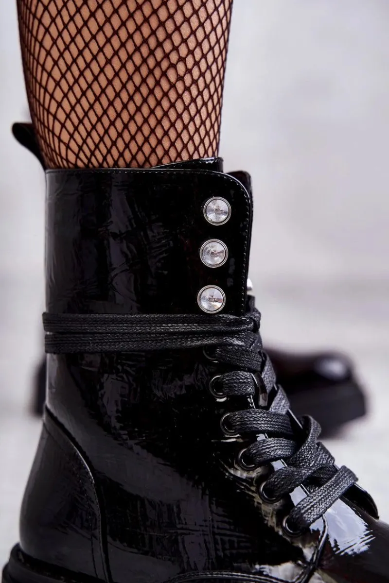 Botki Sznurowane|Czarne Botki>Evento Damskie Lakierowane Botki Workery Z Ozdobami Czarne Gesine