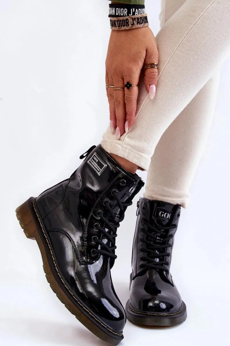 Hot GOE Damskie Lakierowane Botki Ocieplane II2N4050 Czarne