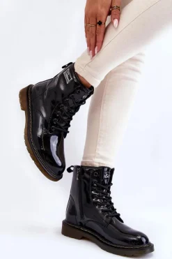 Hot GOE Damskie Lakierowane Botki Ocieplane II2N4050 Czarne