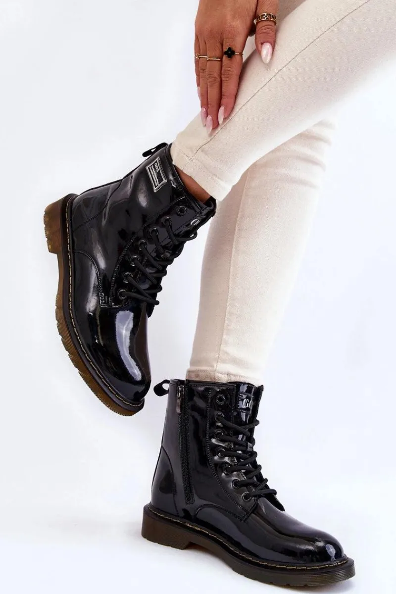 Hot GOE Damskie Lakierowane Botki Ocieplane II2N4050 Czarne