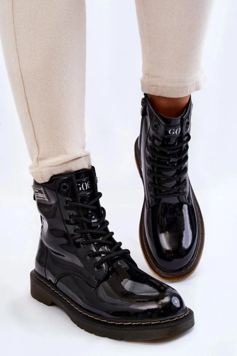 Hot GOE Damskie Lakierowane Botki Ocieplane II2N4050 Czarne