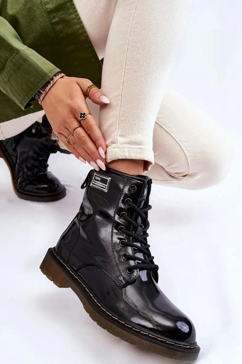 Hot GOE Damskie Lakierowane Botki Ocieplane II2N4050 Czarne