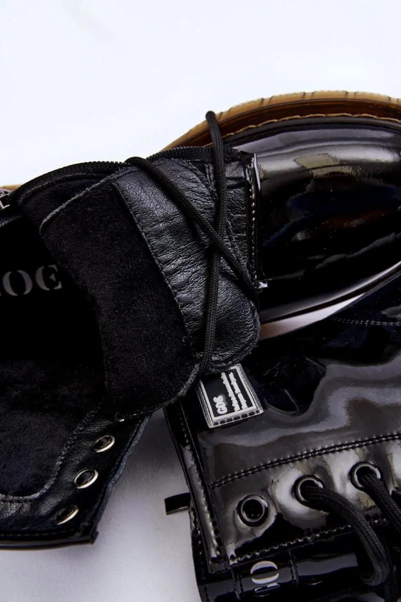 Hot GOE Damskie Lakierowane Botki Ocieplane II2N4050 Czarne